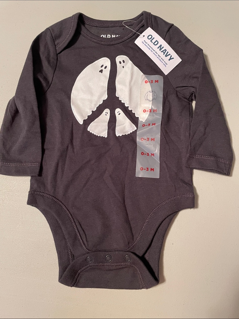 Old Navy Black Long-Sleeve Ghost Graphic One-Piece 0/3mon Halloween NWT